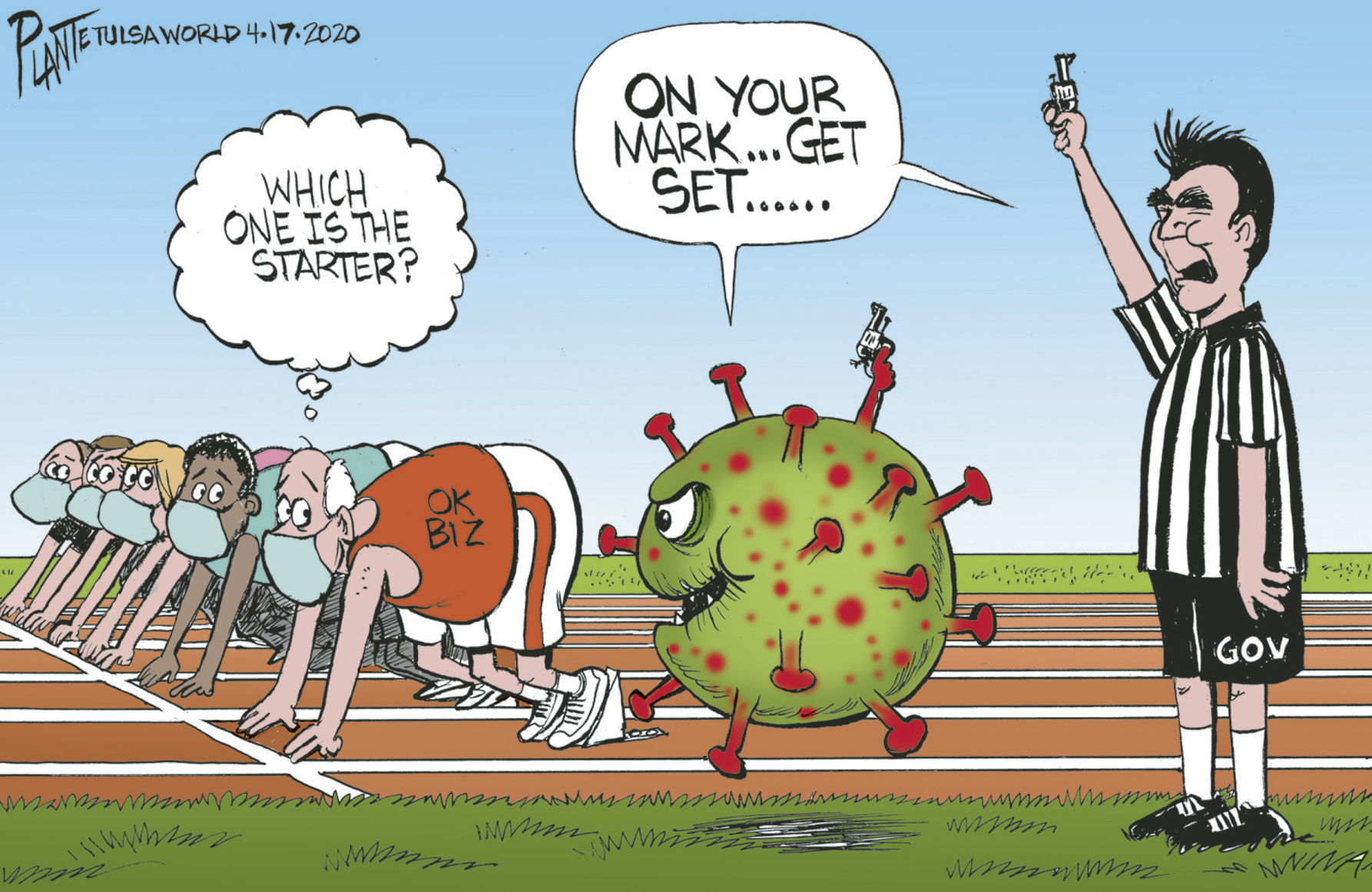 Bruce Plante Cartoon: Governor Stitt restarting OK